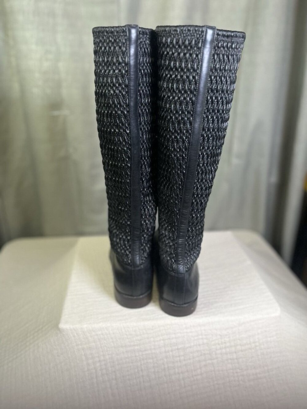 Cole Haan Elverton Black Leather Knee High Riding Boots Sz 10B Quilted Stretch - Picture 4 of 7